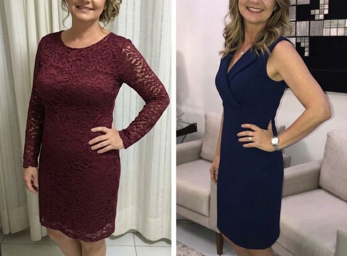 Antes e depois: a mesma mulher de vestido vinho antes e depois do emagrecimento