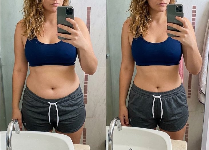 Antes e depois: barriga e cintura da mesma pessoa antes e depois do emagrecimento