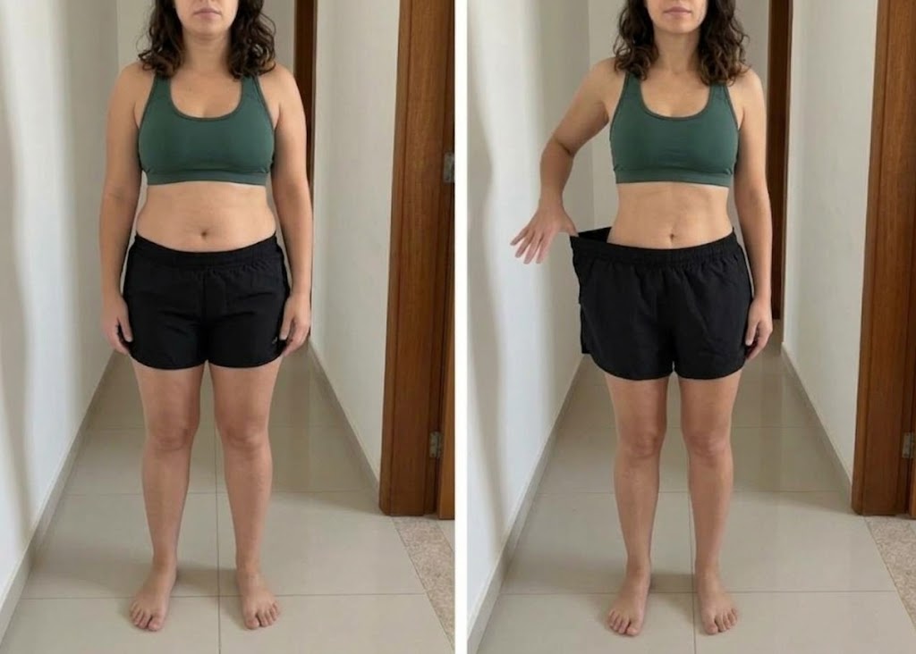 Antes e depois: corpo inteiro da mesma pessoa antes e depois, com o short folgado depois